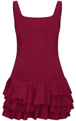 Burgundy Stretch Woven Extreme Pleated Shift Dress