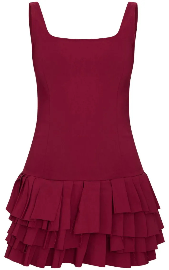 Burgundy Stretch Woven Extreme Pleated Shift Dress
