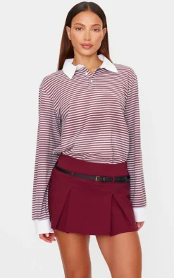 Burgundy Stretch Woven Low Rise Belted Skort