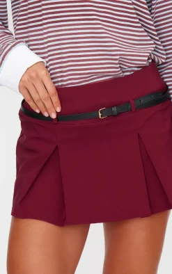 Burgundy Stretch Woven Low Rise Belted Skort
