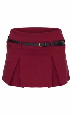 Burgundy Stretch Woven Low Rise Belted Skort