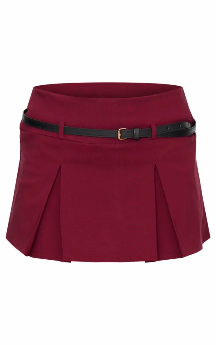 Burgundy Stretch Woven Low Rise Belted Skort