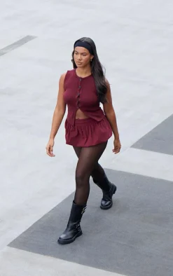 Burgundy Stretch Woven Micro Mini Puffball Skirt