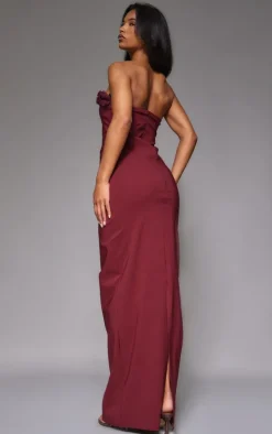 Burgundy Stretch Woven Rosette Bandeau Maxi Dress