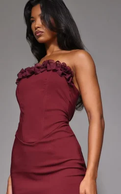 Burgundy Stretch Woven Rosette Bandeau Maxi Dress
