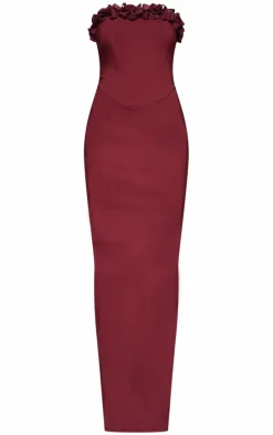 Burgundy Stretch Woven Rosette Bandeau Maxi Dress
