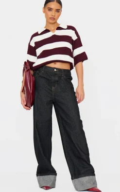 Burgundy Stripe Knit V Neck Oversized Rugby Top
