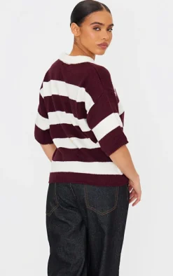 Burgundy Stripe Knit V Neck Oversized Rugby Top