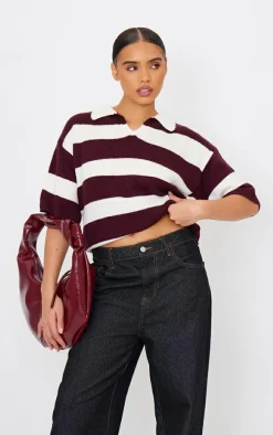 Burgundy Stripe Knit V Neck Oversized Rugby Top