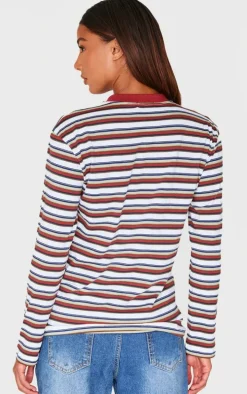 Burgundy Striped Contrast Collar Long Sleeve Top
