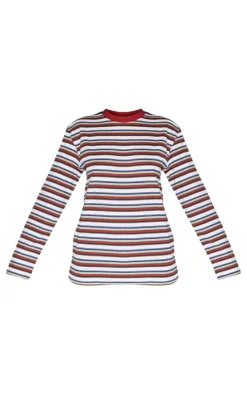 Burgundy Striped Contrast Collar Long Sleeve Top
