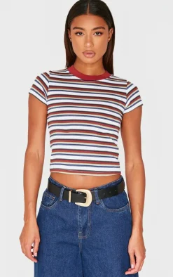 Burgundy Striped Contrast Collar Short Sleeve Top