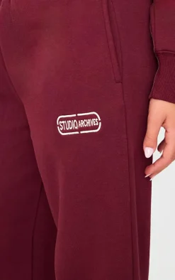 Burgundy Studio Archives Embroidered Wide Leg Sweatpants