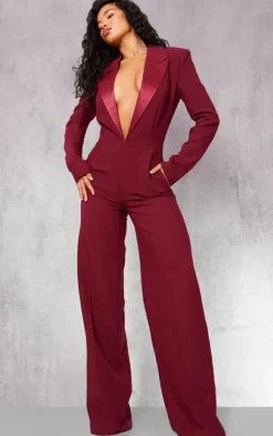 Burgundy Tailored Satin Lapel Straight Leg Jumpsuit