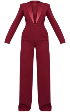 Burgundy Tailored Satin Lapel Straight Leg Jumpsuit