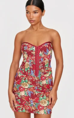 Burgundy Tapestry Bandeau Lace Up Back Bodycon Dress