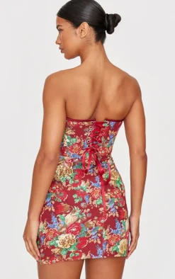 Burgundy Tapestry Bandeau Lace Up Back Bodycon Dress