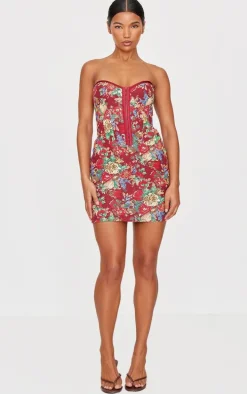 Burgundy Tapestry Bandeau Lace Up Back Bodycon Dress