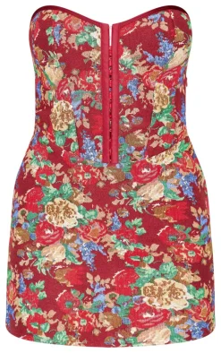 Burgundy Tapestry Bandeau Lace Up Back Bodycon Dress