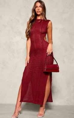 Burgundy Texture Extreme Back Cut Out Maxi Dress