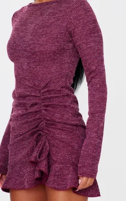 Burgundy Textured Long Sleeve Ruched Detail Shift Dress