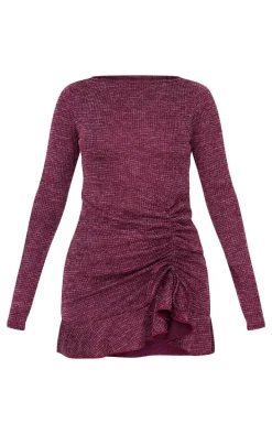 Burgundy Textured Long Sleeve Ruched Detail Shift Dress