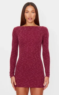 Burgundy Textured Scoop Back Long Sleeve Bodycon Dress