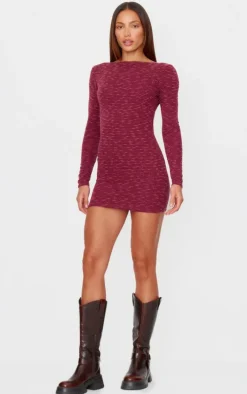 Burgundy Textured Scoop Back Long Sleeve Bodycon Dress
