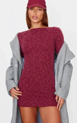 Burgundy Textured Scoop Back Long Sleeve Bodycon Dress