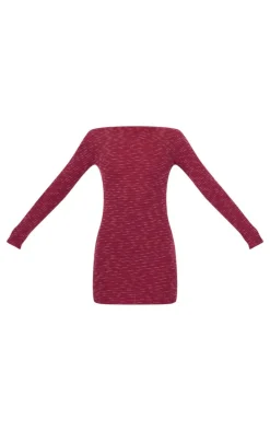 Burgundy Textured Scoop Back Long Sleeve Bodycon Dress