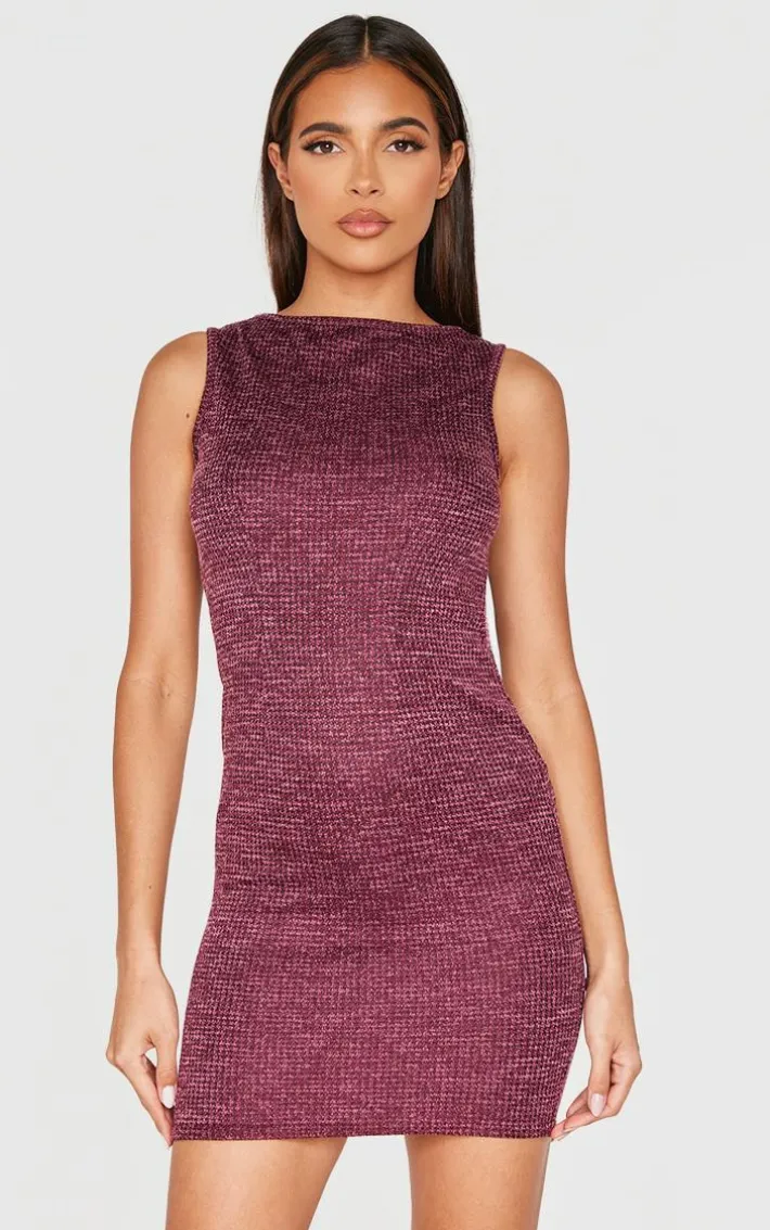Burgundy Textured Sleeveless Bodycon Dress