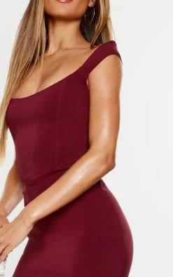 Burgundy Thick Strap Boned Corset Detail Bodycon Dress
