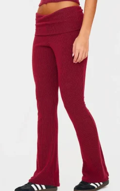Burgundy Two Tone Crinkle Rib Foldover Skinny Flared Pants
