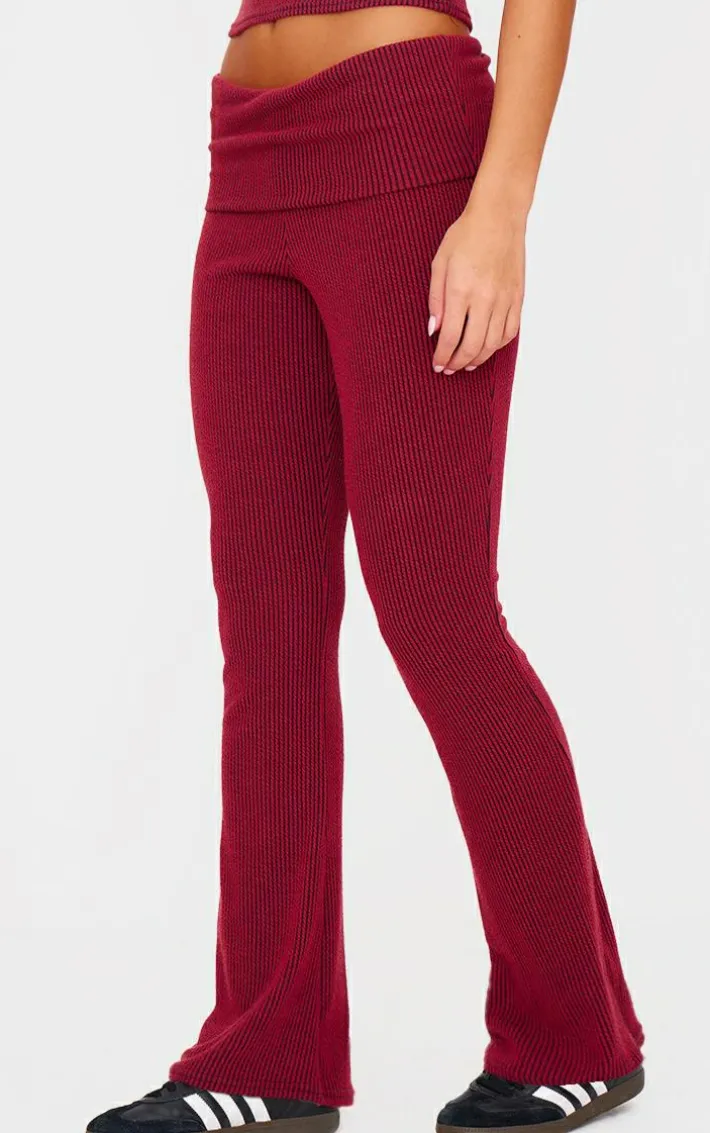 Burgundy Two Tone Crinkle Rib Foldover Skinny Flared Pants