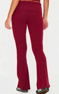 Burgundy Two Tone Crinkle Rib Foldover Skinny Flared Pants