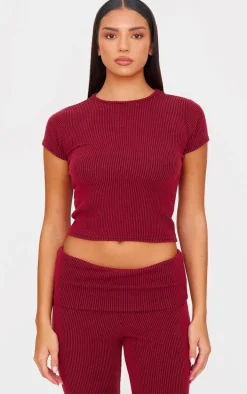 Burgundy Two Tone Crinkle Rib Foldover Skinny Flared Pants