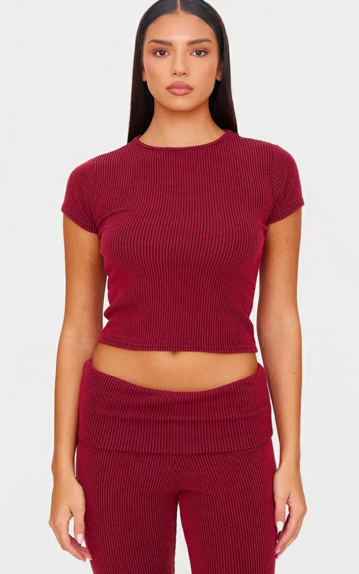 Burgundy Two Tone Crinkle Rib Foldover Skinny Flared Pants