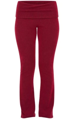 Burgundy Two Tone Crinkle Rib Foldover Skinny Flared Pants