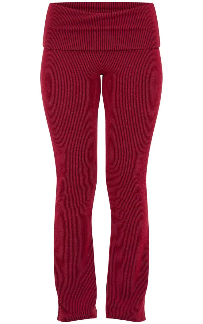 Burgundy Two Tone Crinkle Rib Foldover Skinny Flared Pants
