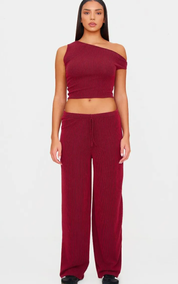 Burgundy Two Tone Crinkle Rib Slouchy Fit Pants