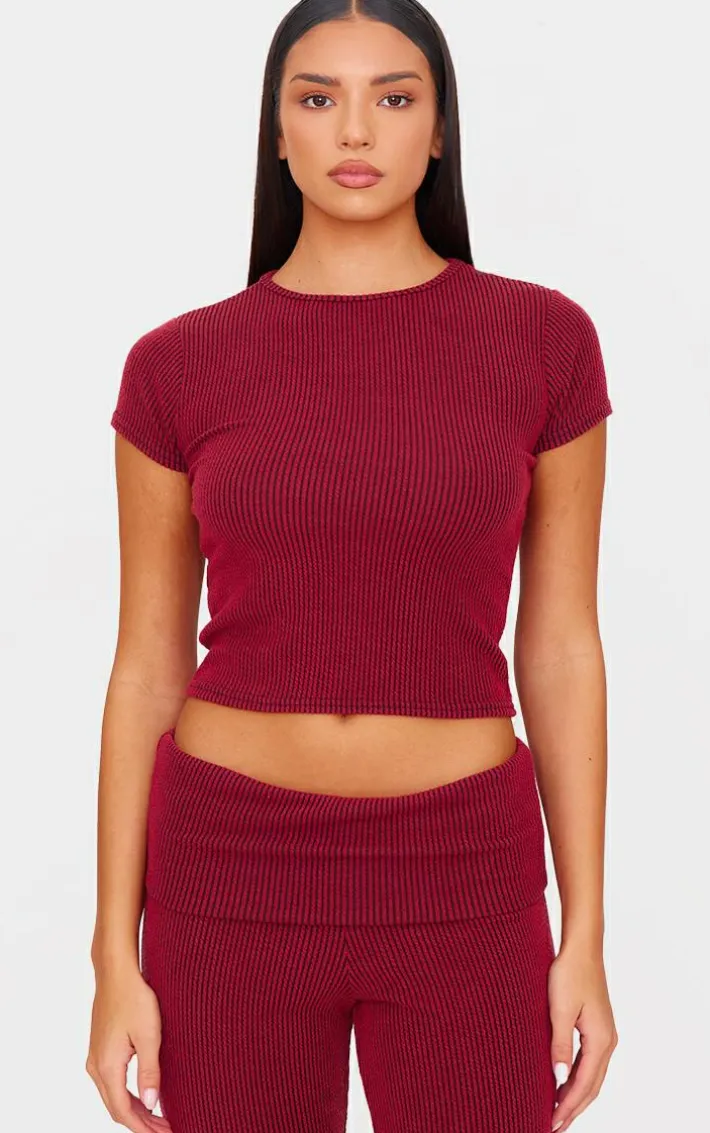 Burgundy Two Tone Crinkle Rib T-shirt