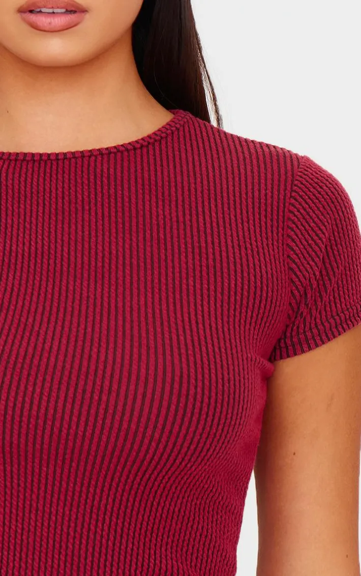 Burgundy Two Tone Crinkle Rib T-shirt
