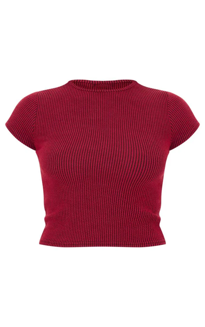 Burgundy Two Tone Crinkle Rib T-shirt