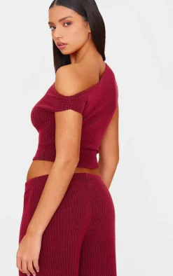 Burgundy Two Tone Crinkle Rib Off Shoulder Top