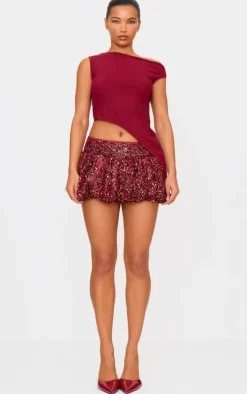 Burgundy Velvet Mixed Sequin Mini Puffball Skirt