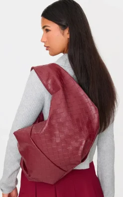 Burgundy Weaved Oversized Slouchy Tote