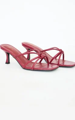 Burgundy Wide Fit Croc Pu Square Toe Knotted Heeled Mules