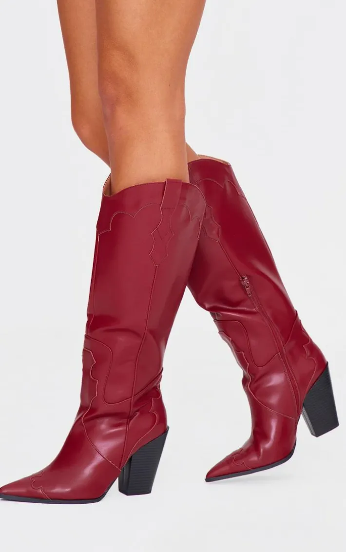 Burgundy Wide Fit PU Point Toe Knee High Heeled Western Boots