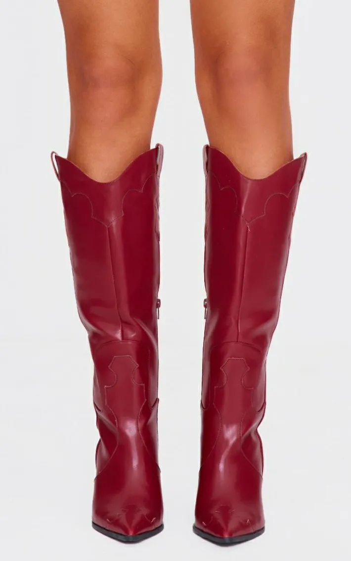 Burgundy Wide Fit PU Point Toe Knee High Heeled Western Boots