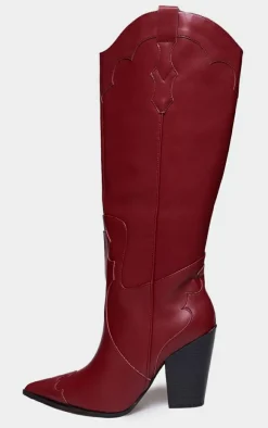 Burgundy Wide Fit PU Point Toe Knee High Heeled Western Boots